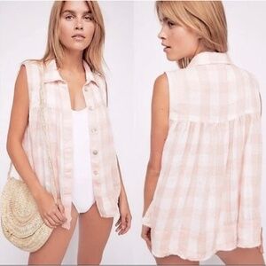 Free People Hey There Sunrise Top Pink and White Gingham Shirt Size Small